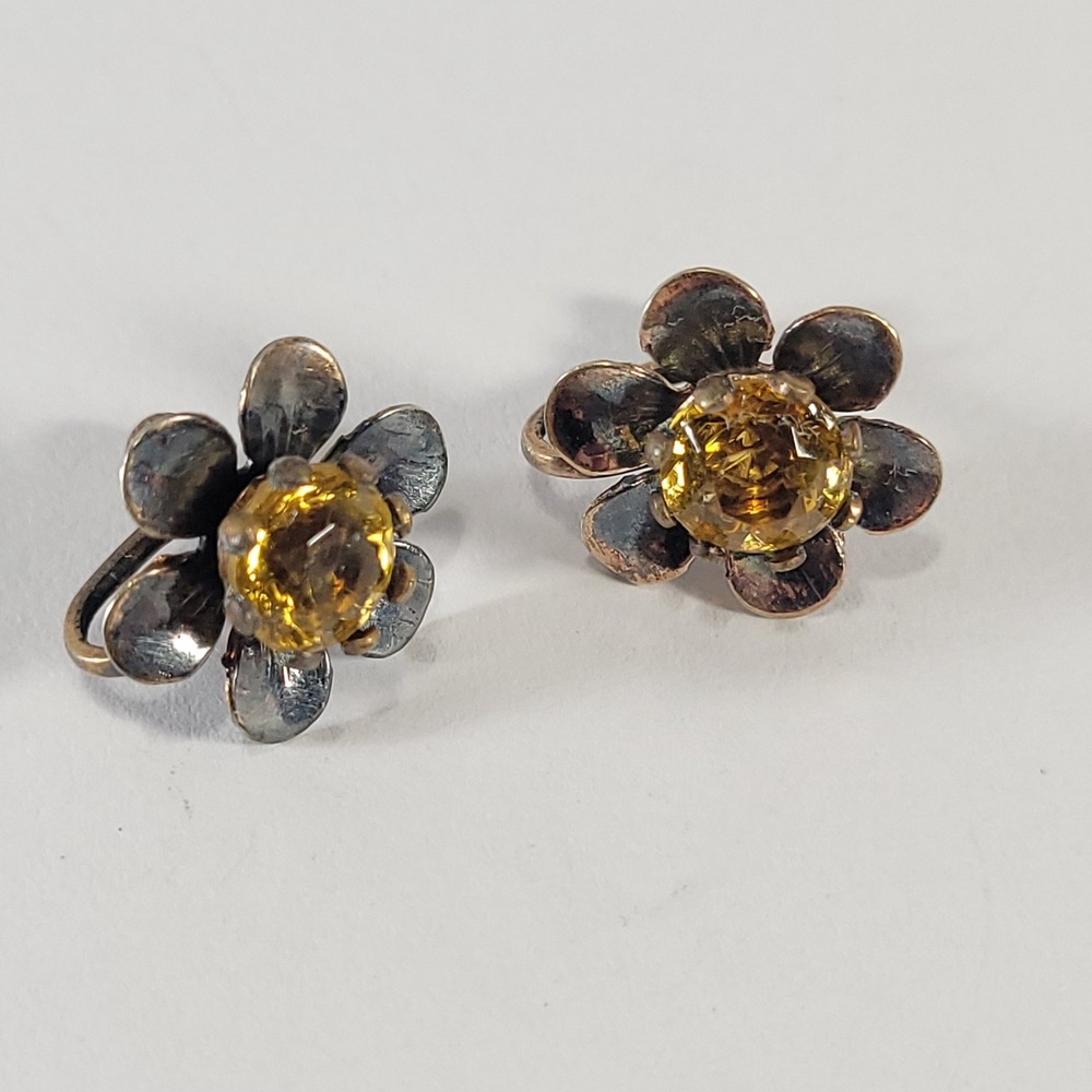Vintage Flower Earrings Antiqued Patina Yellow Citrine Colored Stone Screw Back
